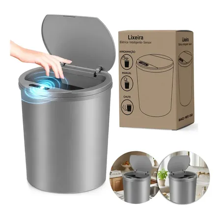 Caixote De Lixo Redondo Inteligente Com Sensor Automático 18l Adequado Para Casas De Banho Cozinhas E Escritórios Design Moderno Cor Cinza Cinza-2