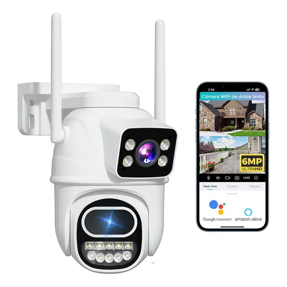 Hiseeu Cámara De Seguridad Exterior Wifi 6mp Doble Lente Y Pantalla Color Blanco Zoom 5x Voz Bidireccional Alarma Soporte Alexa/google Assistant