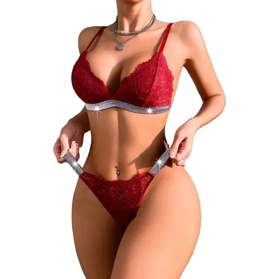 Conjunto Lencería Sexy Mujer 2 Piezas Encaje Con Brillos
