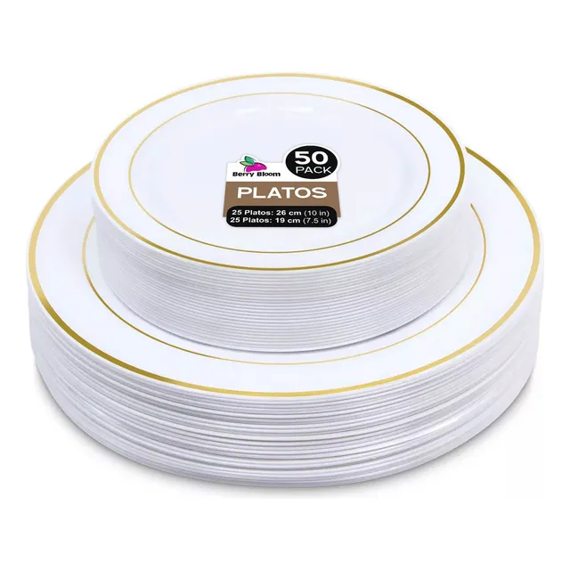Platos Desechables Elegantes Plástico, Vajilla Fiesta, 50 Pz, Aspecto de Porcelana, Ideal para Bodas, Fiestas, Resistente y Duradero (25 platos de 19 cm/25 platos de 26 cm)