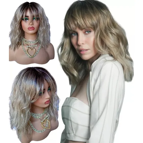 Front Lace Loira Com Franja Hd Ondulada Long Bob