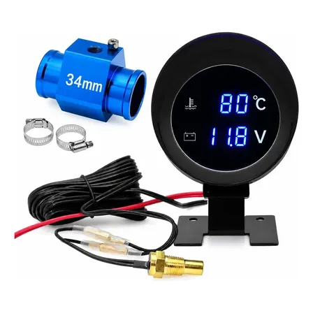 Voltímetro Marcador Temperatura Automotivo + Adaptador 34mm Preto Transparente/preto (display Escuro)