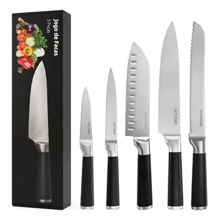 Ultivigor Conjunto De Facas Profissional Cozinha Premium Inox 5 Peças Preto