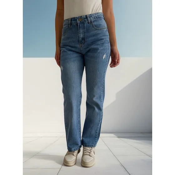 Jeans Mom Mujer Rigido Celeste Localizado Con Rotura Denim