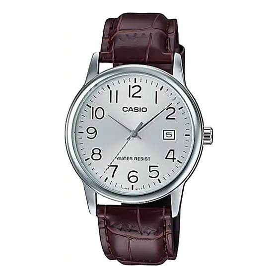 Reloj pulsera Casio MTP-V002D-1B con correa de cuero color marrón - fondo plateado