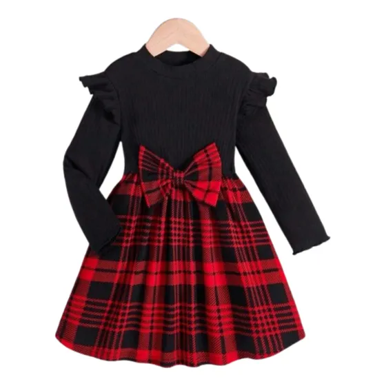 Vestido Shein Manga Larga Con Lazo Negro Y Falda Estampada
