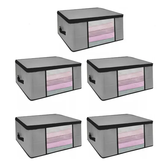 Kit 5 Organizador Multiuso Tnt Anti-mofo Proteção Umidade Para Edredons Cobertores Toalhas Lençois Roupas De Cama Com Ziper Dobrável Cinza M 45x45x20