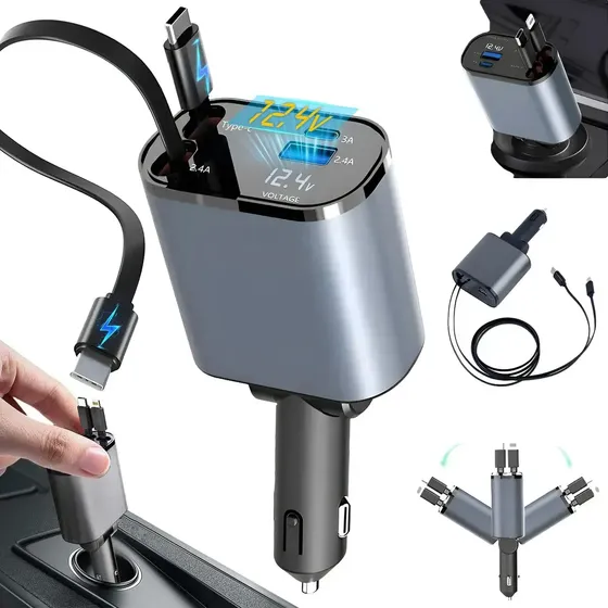 Carregador Veicular Turbo Cabo Retrátil Portátil Tipo C 4em1