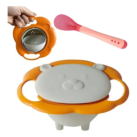 Prato Mágico Infantil Giro Bowl Bebê Giratório E Colher Kit Cor Cinza-Laranja e Colher An…