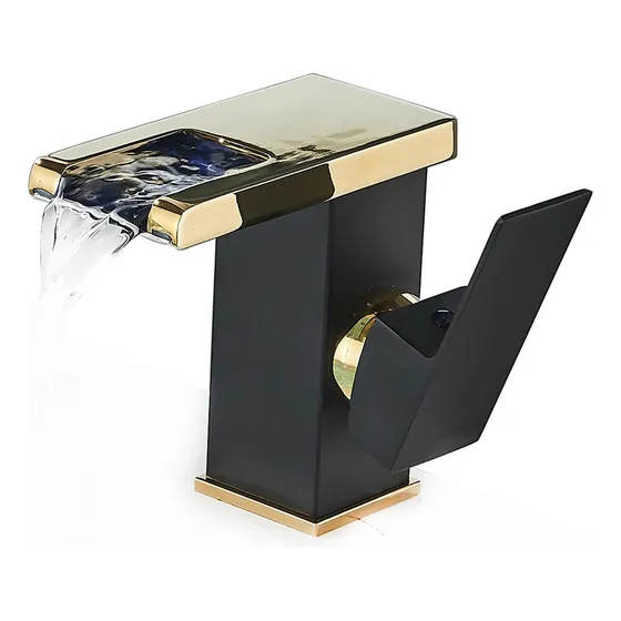 Grifo Led Para Lavabo De Baño En Cascada, Negro Y Dorado Acabado Brillante