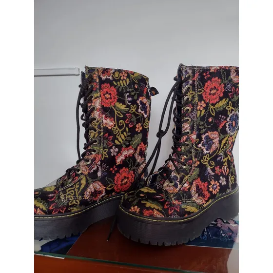 Botas Estilo Militar Textil Flores