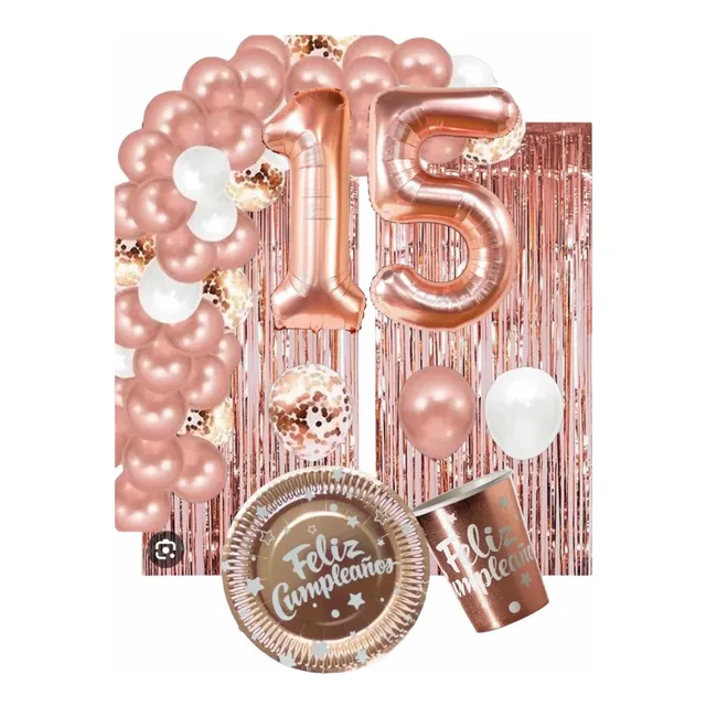 Pack 150 Piezas Arco Globos Rosa Oro , Cortinas Numeros 80cm