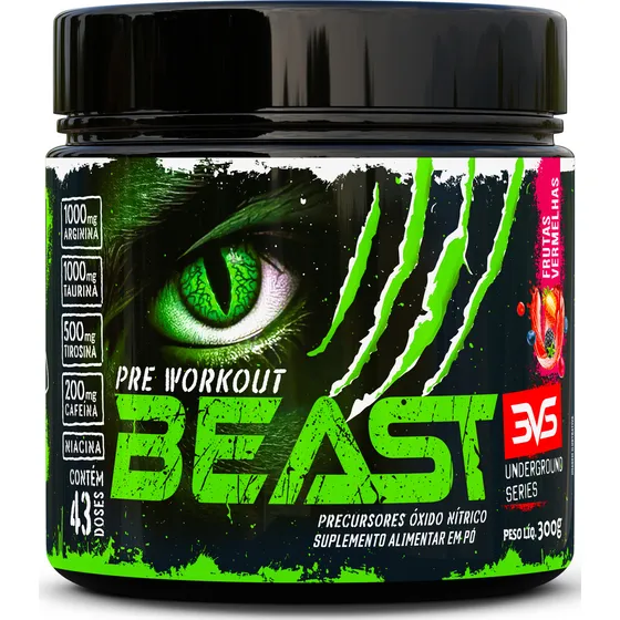 Pré-treino Beast 300g Sabor: Frutas Vermelhas - Ultra Concentrado - Promove Vasodilatação, Recuperação Energética, Aumento De Óxido Nítrico, Desintoxicação E Melhora De Concentração E Foco
