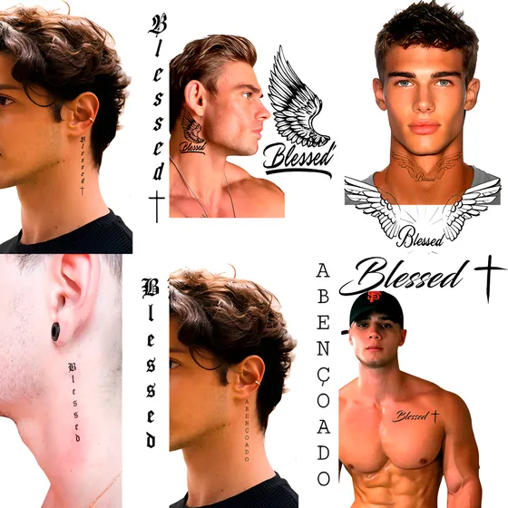 Tatuagem Temporária Blessed Asa Rosa Vários Modelos Pescoço
