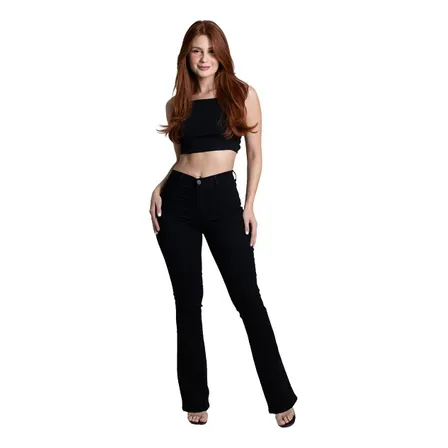 Calça Flare Sawary Jeans Feminino Algodão Preto Boot Cut Preto Liso 40