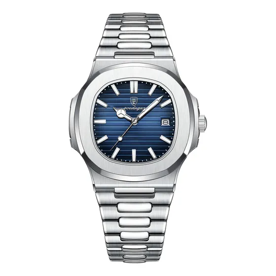 Relógio Poedagar Masculino Old Money Cor Da Correia Prateado Fundo Azul-marinho