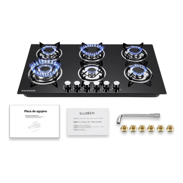 Parrilla A Gas Empotrable/estufa De Mesa Xiudeen 6 Quemadores De Gas Gn/glp Aplicables Cristal Templado Color Negro XD6001G