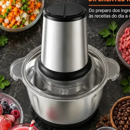 Multiprocessador E Triturador De Alimentos Elétrico Picador de 2 Litros Inox Moedor de Alimentos Cortador de Carne Cortador de Legumes Multifuncional Triturador De Comida Viacruz