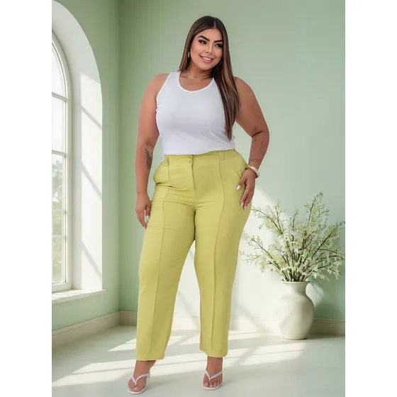 Calça Cenoura Em Linho Plus Size 46 Ao 54 Com Botão E Zíper