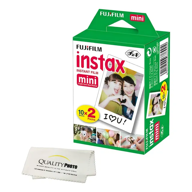 Fujifilm Instax Mini Película Instantánea (blanco) Para Cámaras Fujifilm Mini 8 Y Mini 9 Con Paño De Microfibra De Quality Photo (20 Hojas De Película)
