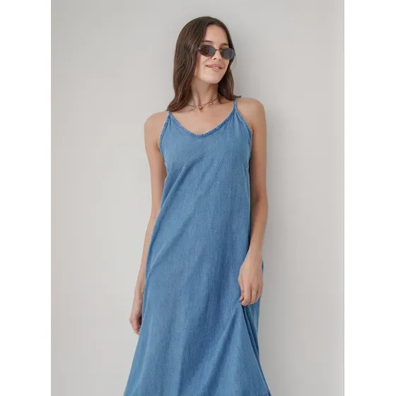 Vestido Largo De Jean Light Blue Escote En V Arizona 8516b