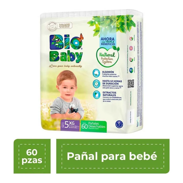 Pañales BioBaby Unisex Etapa 5 Extra Grande 60 Piezas