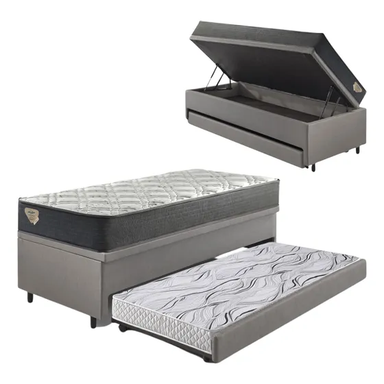 Bicama Box Baú 88x188 Cinza Com Colchão Adapto Ecoflex