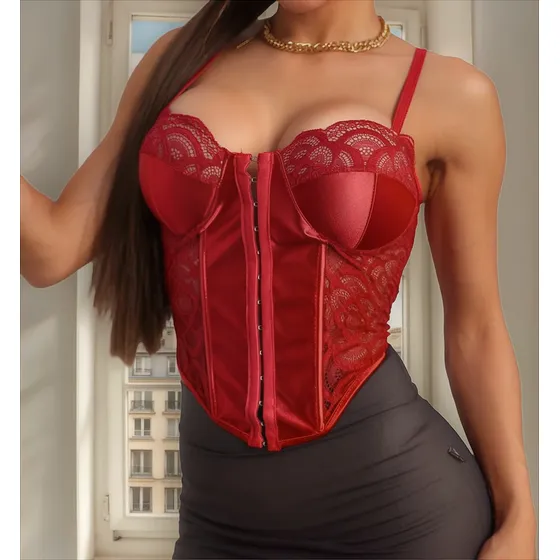 Corselet Cropped Top Celine Acetinado Com Renda