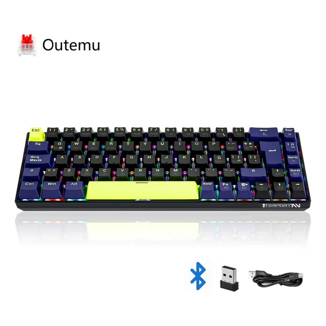 TERPORT 65% Teclado Mecanico Inalambrico Español Rgb Z11 Morado Bluetooth usb cable Removible Outemu Red Switch Hotswap 69 Teclas Antighosting y Keycaps Extras Incluidas