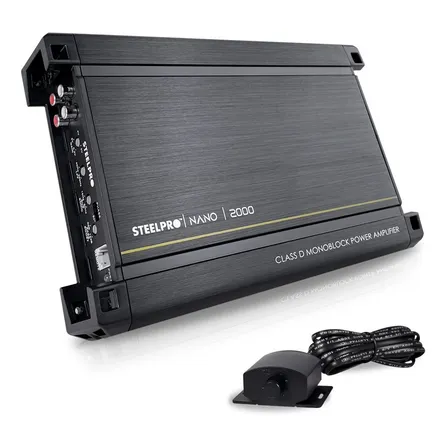 Amplificador Nano2000 Clase D Steelpro Para Subwoofer Monoblock Bass 1 Ohm Estable Alto Rendimiento Open Show, Lpf, Bass Boost 12 Db,filtro Subsonico, Fase Variable, Control De Bajos Gris Oscuro