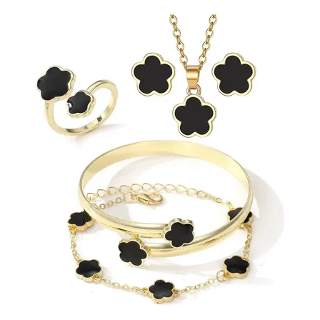 Kit Joias Femininas 5 Peças Trevo Black Premium Ouro Gold Preto 45 Cm