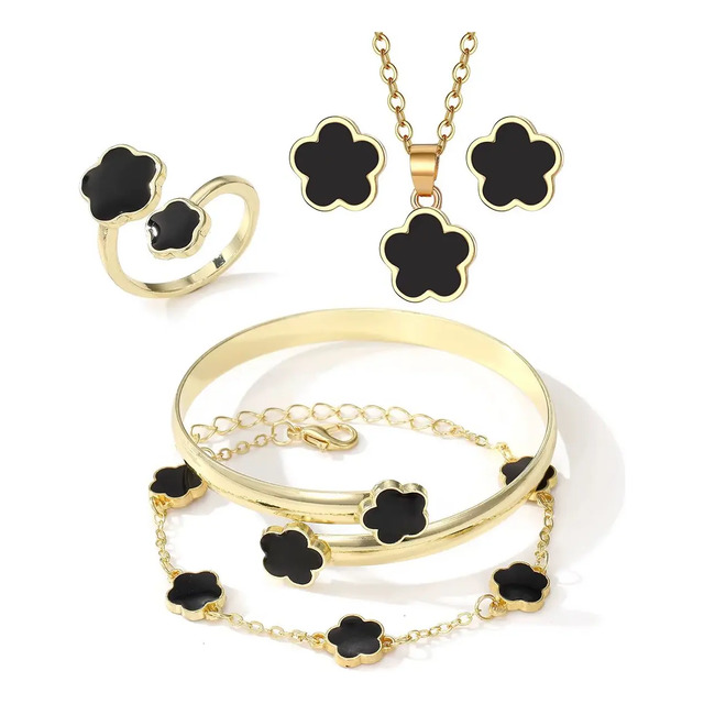 Kit Joias Femininas 5 Peças Trevo Black Premium Ouro Gold Preto 45 Cm Kit Joias Femininas 5 Peças Trevo Black Premium Ouro Gold Preto 45 Cm