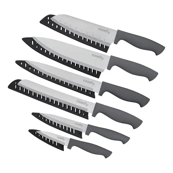 Set De Cuchillos De Acero Inoxidable Cookify, 6 Piezas, Incluye Funda, Mango Ergonómico, Color Gris.