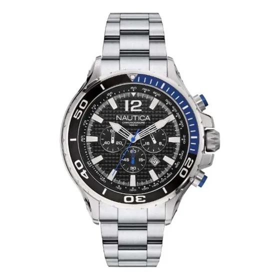 Reloj Nautica Napnstf14 Para Hombre Cronografo Cuarzo Malla Plateado Bisel Negro/azul Fondo Negro