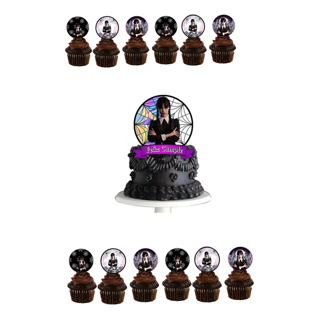 Pack Topper Para Torta Merlina + 12 Pinchos Cup Cake 