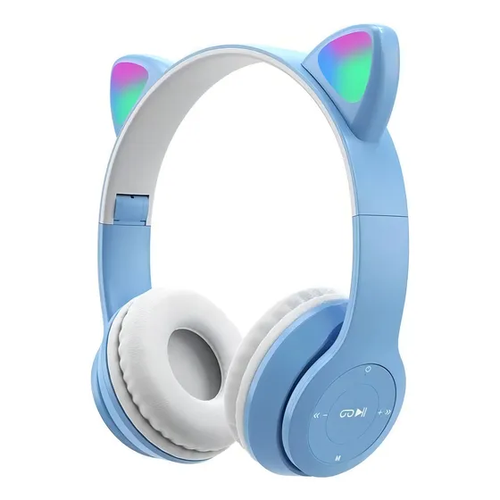 Fone de ouvido gatinho sem fio Catear D47 azul-celeste com luz rgb LED