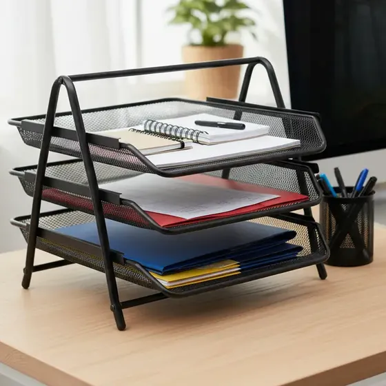 Organizador De Escritorio 3 Bandejas Metal Calado Color Negro