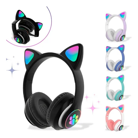 Fone De Ouvido Bluetooth Sem Fio Wireless Gatinho Led Cor Preto Luz Branco