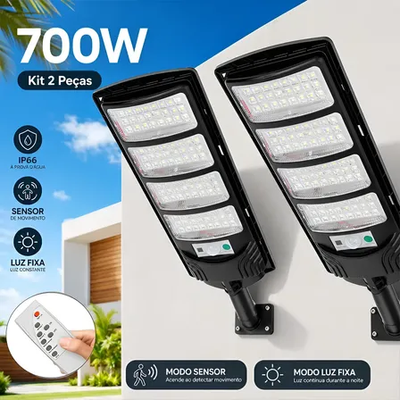 Kit 2 700w Luminaria Poste Solar Potente Com Sensor Luminaria Poste Solar Preto