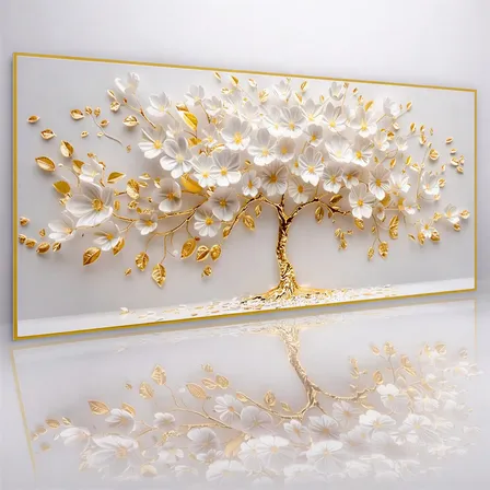 Quadro Decorativo Arvore Da Vida Grande Ouro Branco 112x80 Dourado