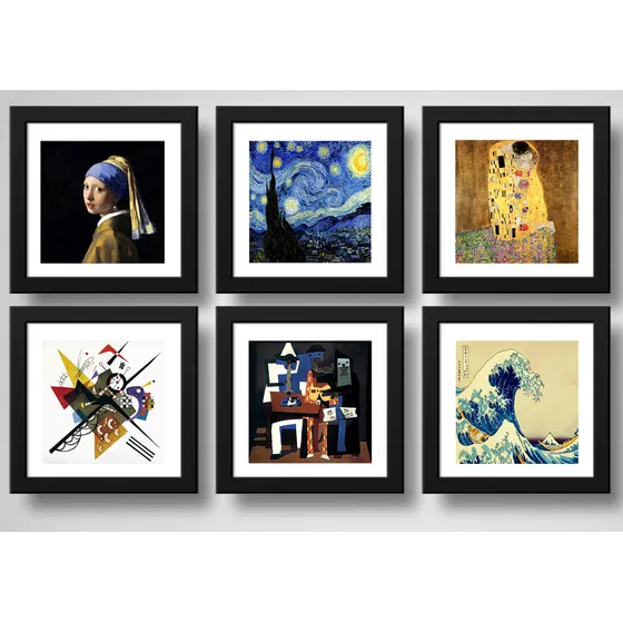 Set 6 Cuadros Obras Pintores Famosos Van Gogh Klimt 33x33cm Marco Negro