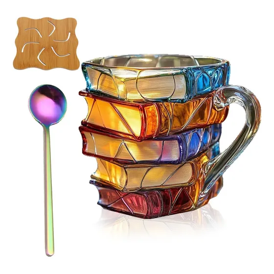 Bc Caneca De Vidro Pintado Em 3d, Pilha De Livros Exclusiva