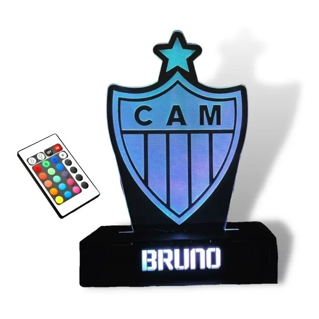 Luminária Abajur Atlético Mineiro Galo Time Com Nome Led Rgb