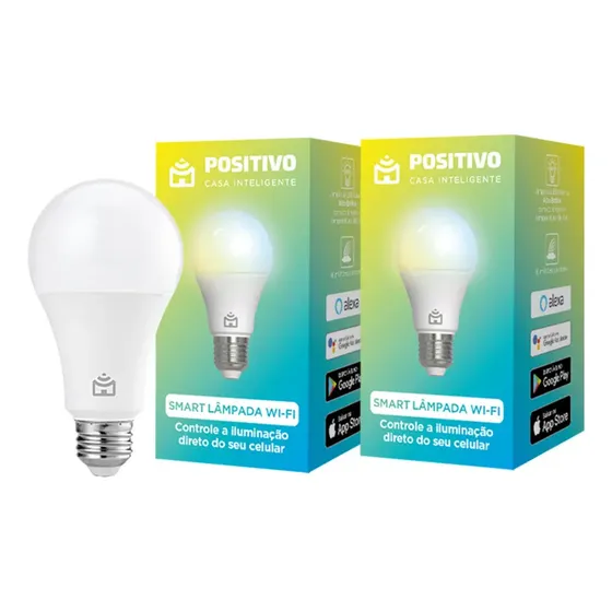 Kit 2 Lâmpadas Smart Wi-Fi Positivo Casa Inteligente 9W Bivolt, Compatível com Alexa e Google Assistente, Controle por App e Voz, RGB