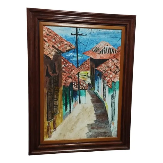 Cuadro Al Óleo Calle De La Guaira Año 1.975 Elio