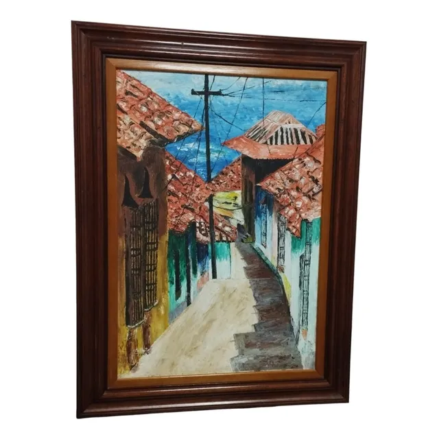 Cuadro Al Óleo Calle De La Guaira Año 1.975 Elio