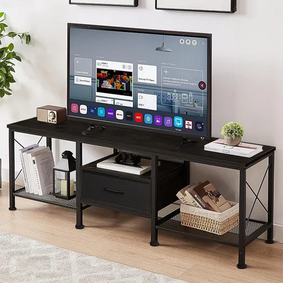 Portga Mueble Para Tv Moderno 130cm Minimalista Rack Con Cajones Apto Para Televisores De Hasta 55 Pulgadas Acabado Negro Mate Ideal Para Salones Y Dormitorios