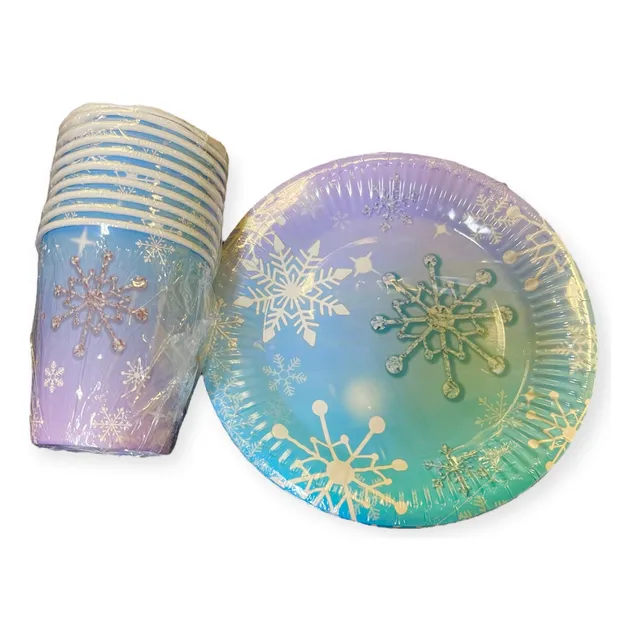 Pack 10 Vasos Y 10 Platos Descartables Copos Nieve Frozen