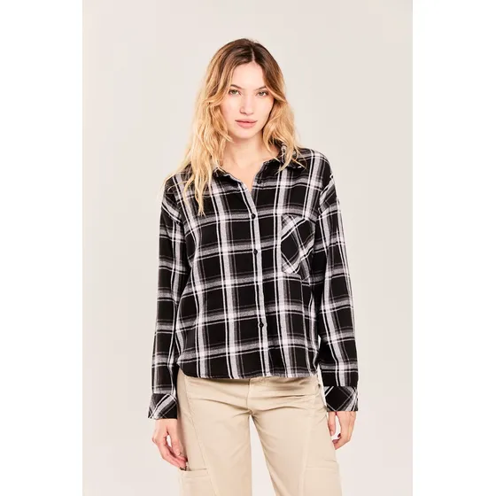 Camisa Oversize Manga Larga De Viyella Negro Koxis Mujer