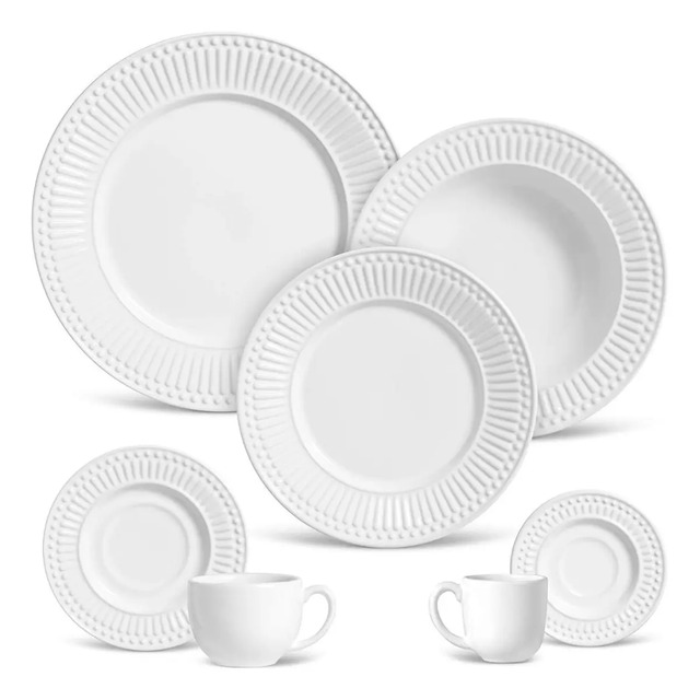 Aparelho Jantar Porto Brasil Cerâmica 42 Peças Roma Branco Lisa